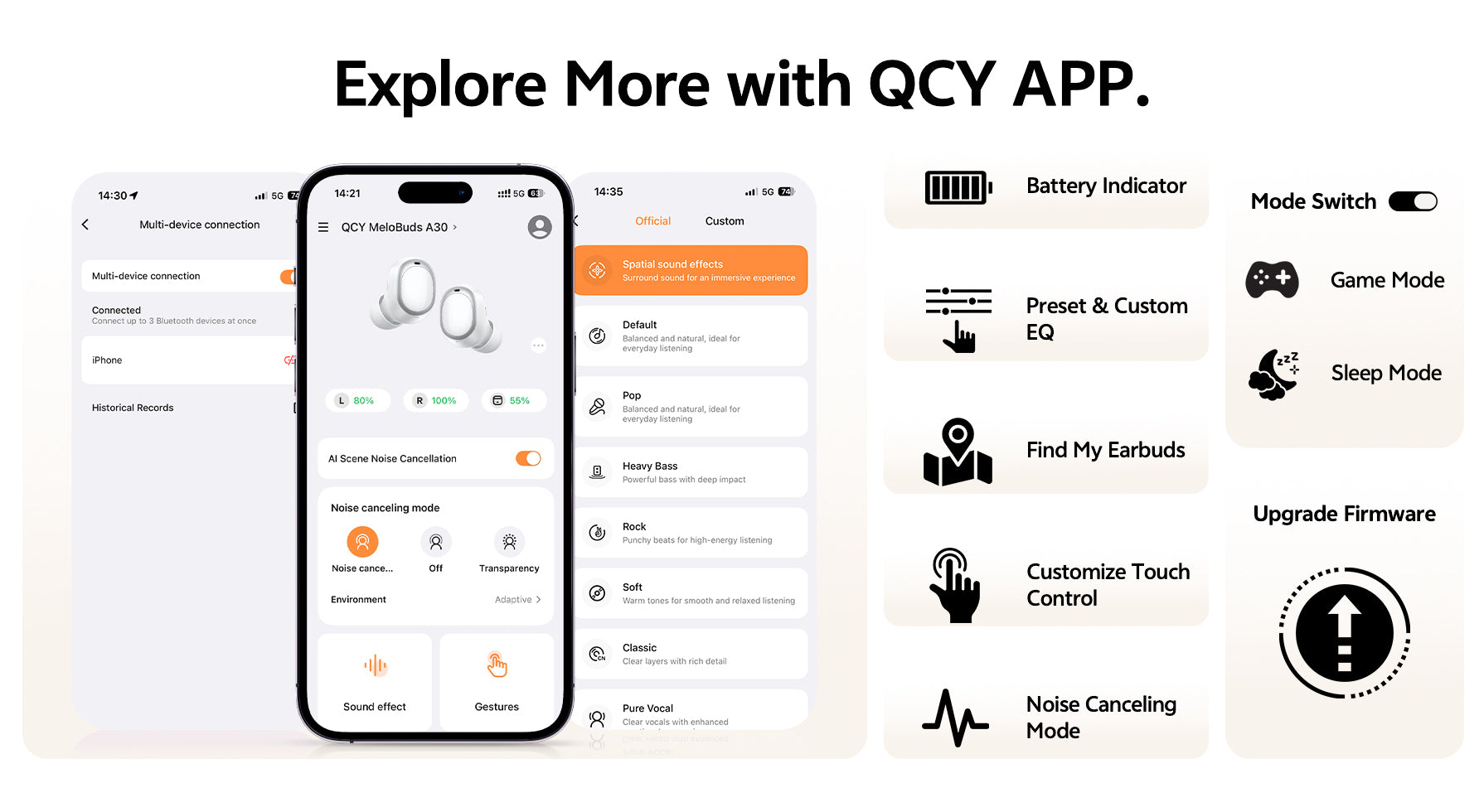 Application QCY : fonctionnalités telles que la connexion des appareils, le réglage de l'égaliseur, la réduction de bruit et la mise à jour du firmware pour les écouteurs sans fil.