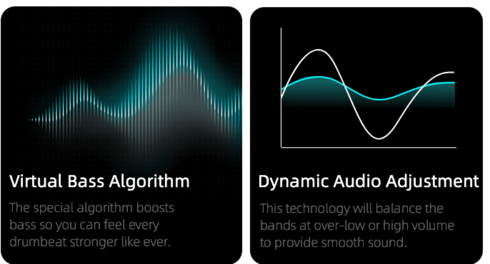 Algorithme de basses virtuelles et ajustement audio dynamique pour des basses puissantes et un son équilibré à tout volume.