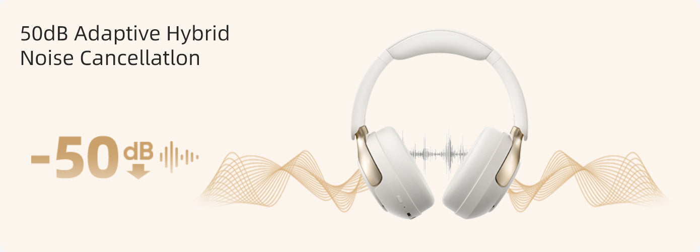 Casque blanc avec réduction de bruit hybride adaptative de 50 dB, illustré avec des ondes sonores et une réduction du bruit.