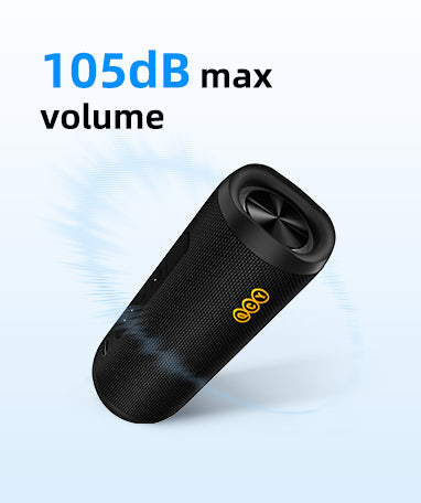 Haut-parleur Bluetooth portable noir avec un volume maximal de 105 dB, compact et puissant pour les déplacements.
