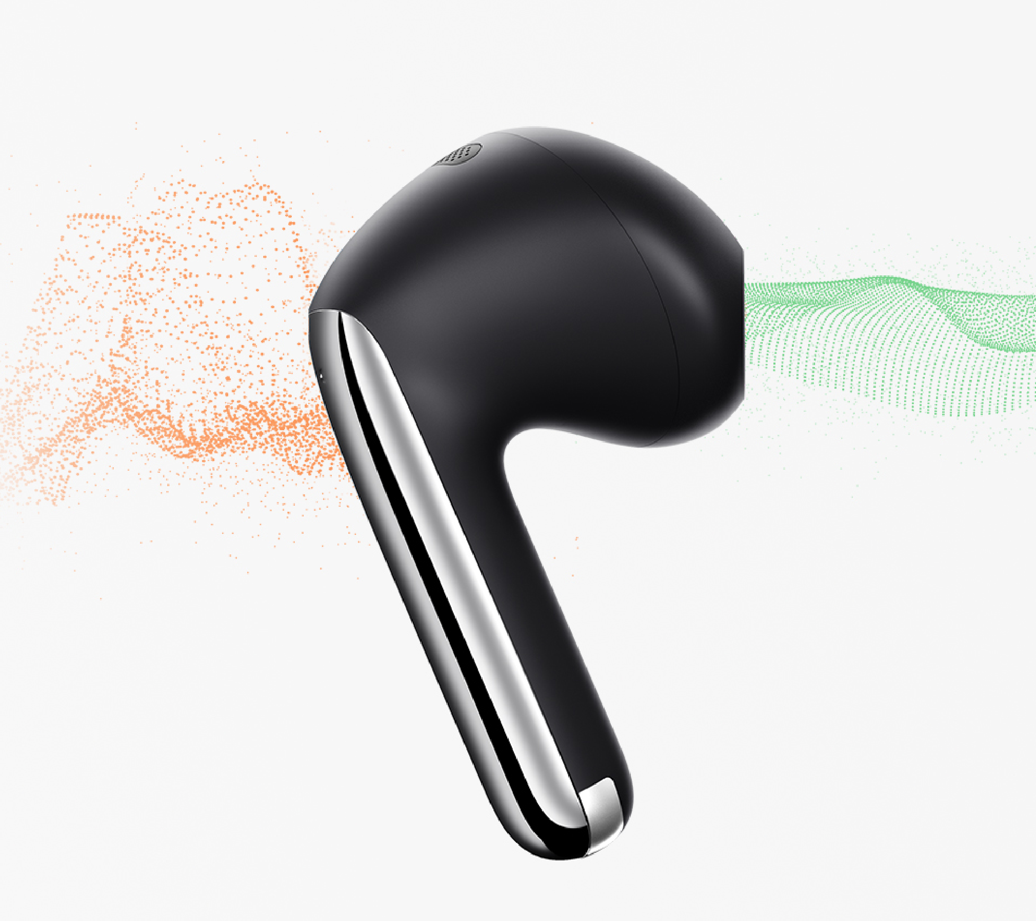 Sèche-cheveux noir au design moderne, entouré d'effets de particules orange et vert sur fond blanc.