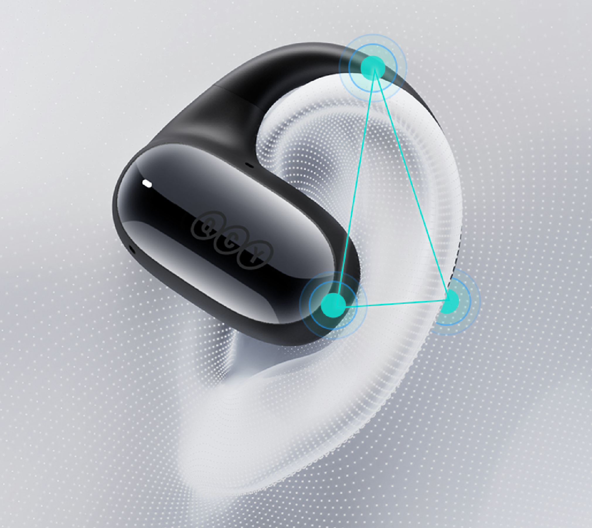 Écouteurs QCY noirs dans leur étui avec diagramme sonore 3D, idéaux pour la musique et les appels.