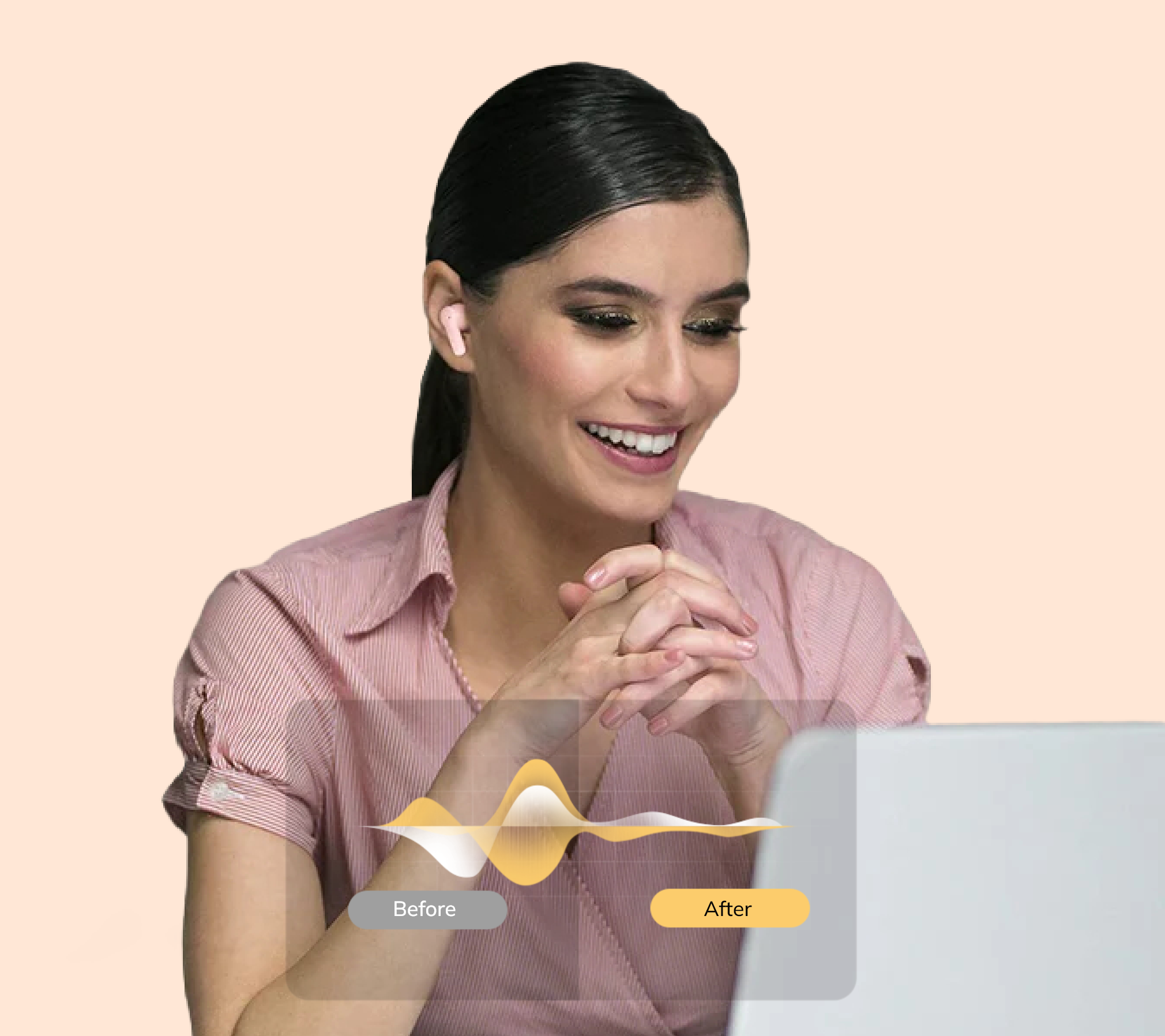 Femme heureuse avec des écouteurs sans fil lors d'un appel vidéo – comparaison avant/après