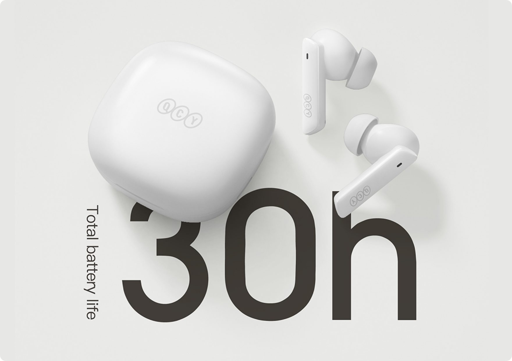 Écouteurs Bluetooth QCY T13 blancs avec boîtier de charge, autonomie de 30h, sans fil, design intra-auriculaire pour musique et appels.