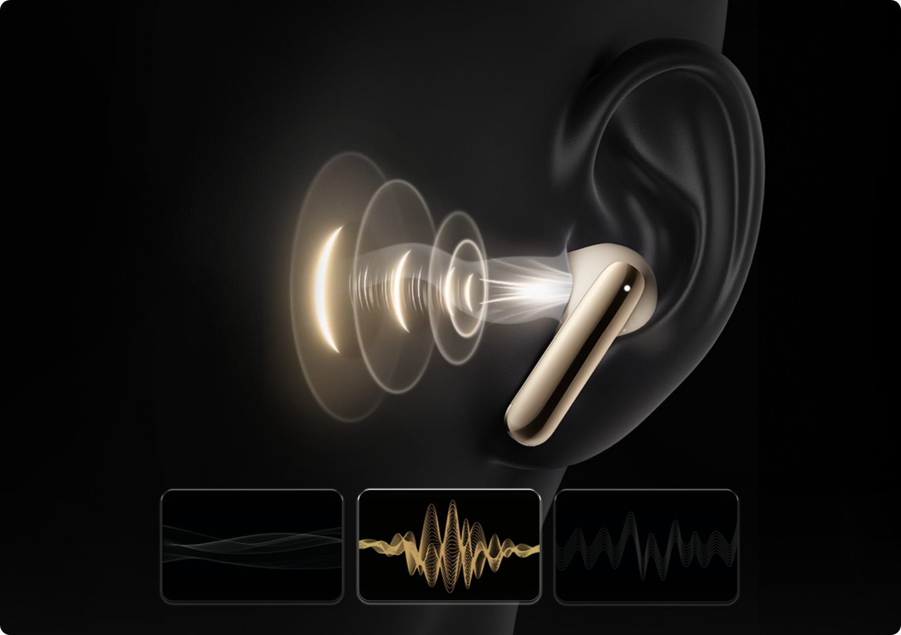 Écouteurs intra-auriculaires dorés avec représentation d'ondes sonores et analyse des ondes audio.