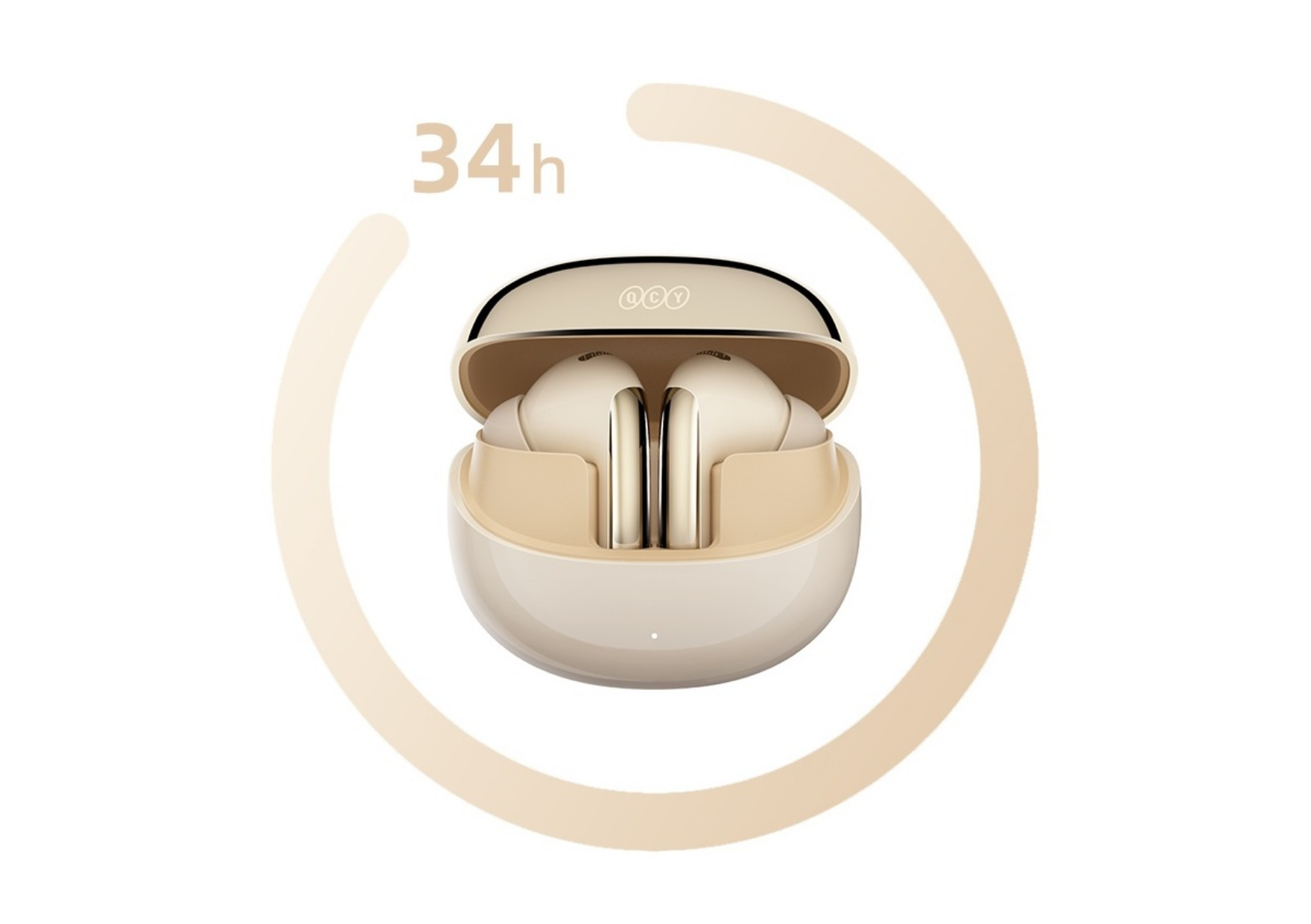 Écouteurs sans fil QCY beige avec boîtier de chargement, autonomie de 34 heures, design élégant pour les déplacements.