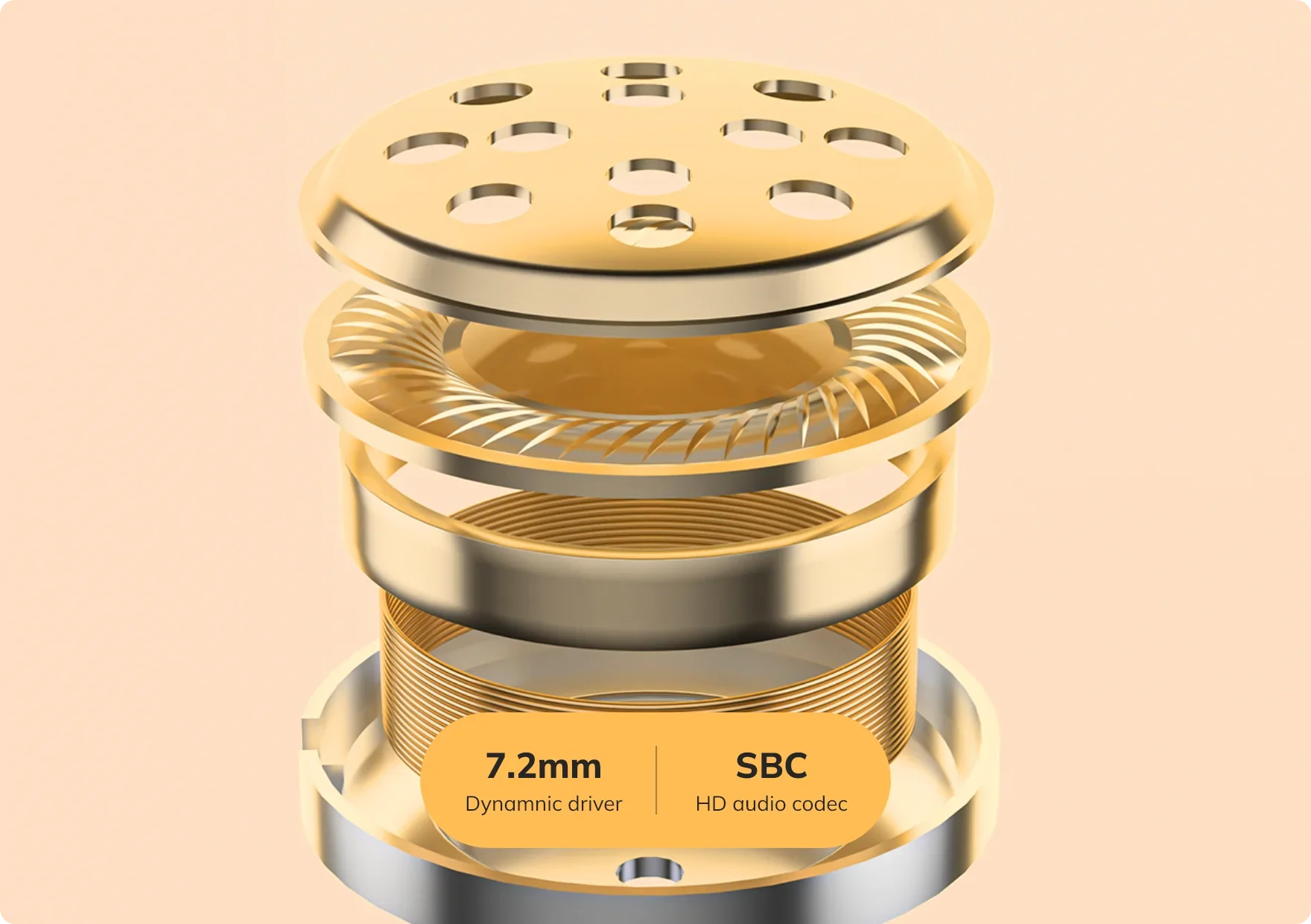 Haut-parleur doré de 7,2 mm avec dynamique et codec audio SBC HD.
