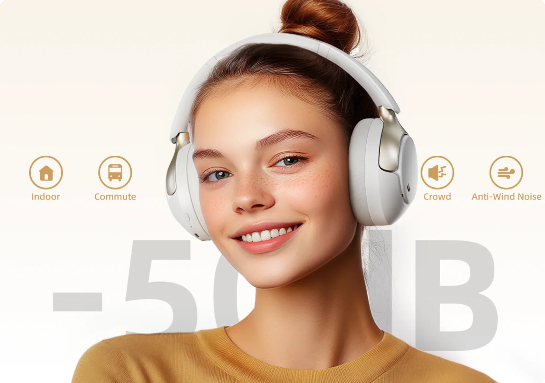 Casque antibruit blanc avec atténuation de -50 dB pour intérieur, trajets, foule et bruits de vent.