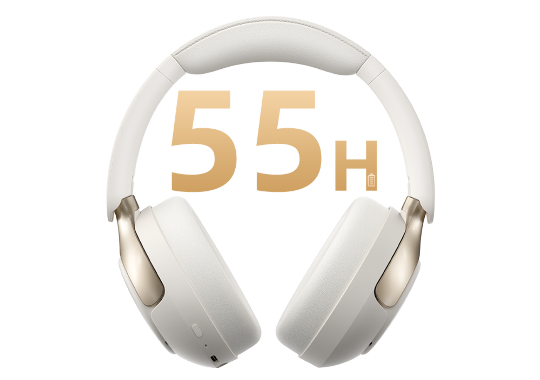 Casque blanc Over-Ear avec une autonomie de 55 heures.