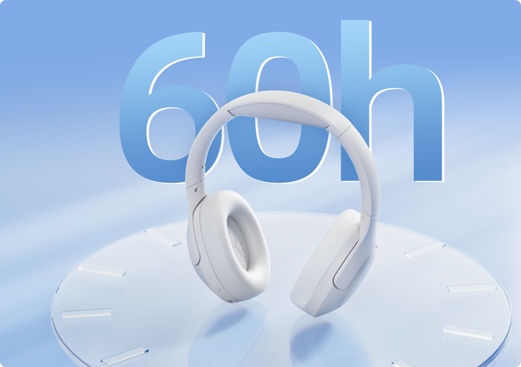 Casque blanc Over-Ear sur fond bleu avec une autonomie de batterie de « 60h » – design moderne pour un plaisir musical prolongé.
