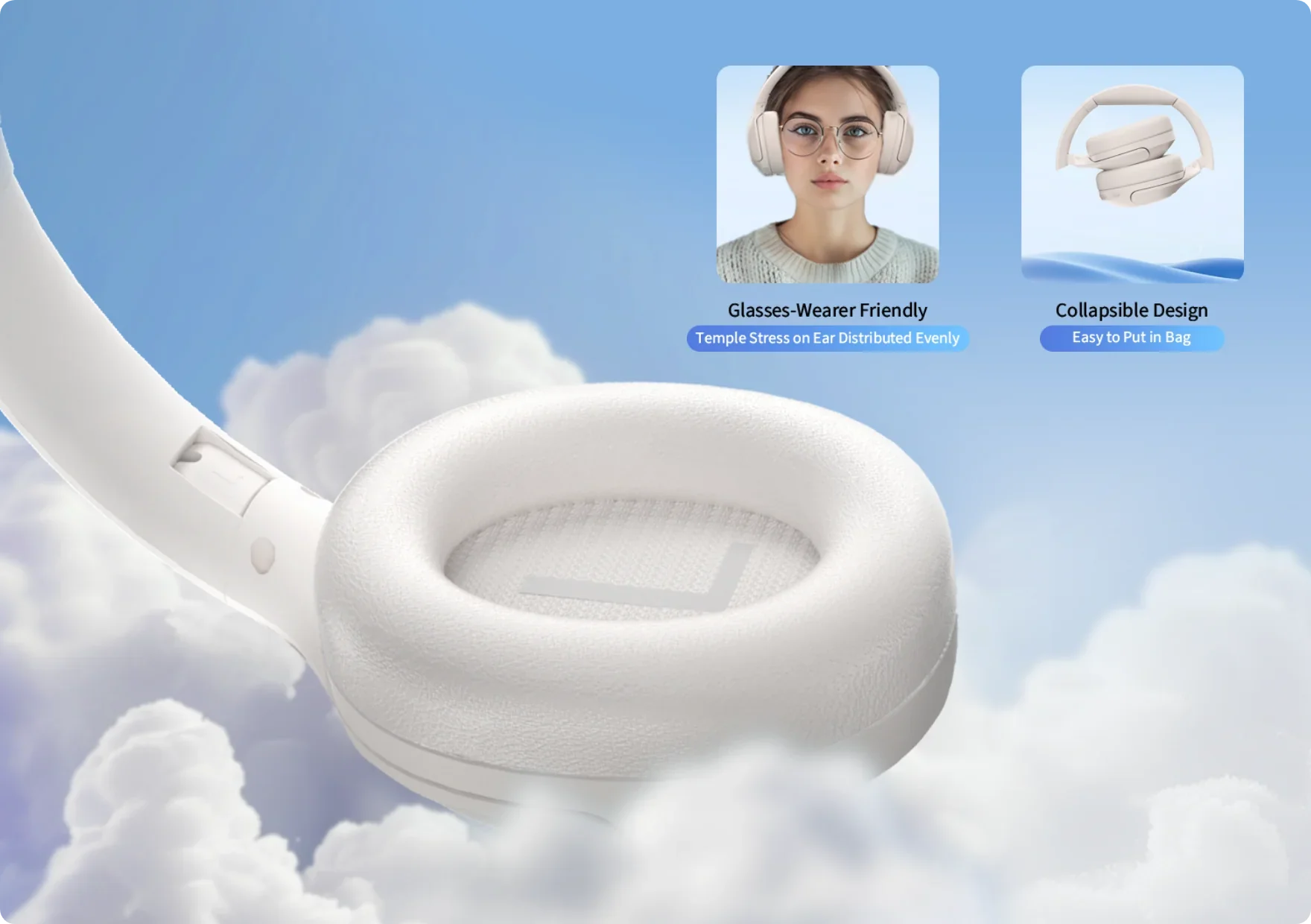 Casque pliable blanc pour porteurs de lunettes – confort optimal, facile à ranger.