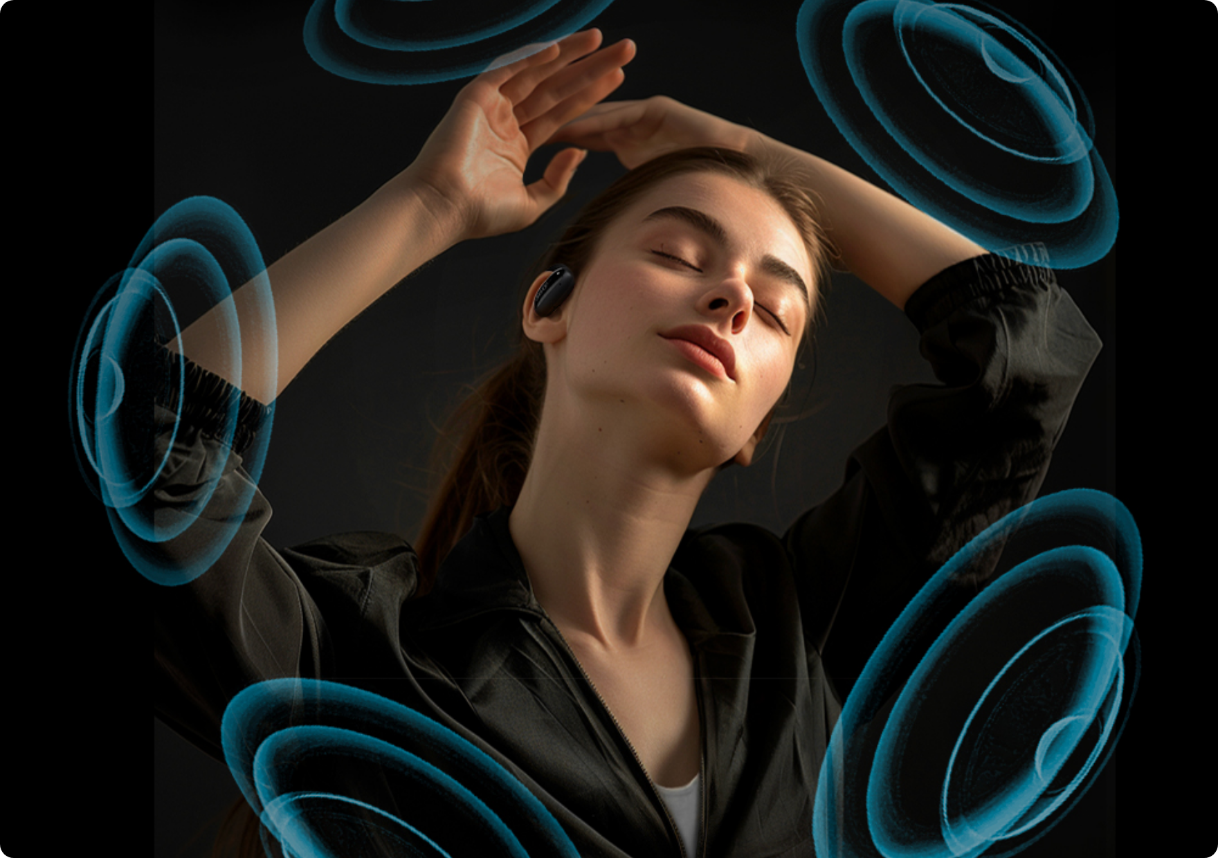 Femme avec des écouteurs Bluetooth, ondes sonores bleues, moment de détente