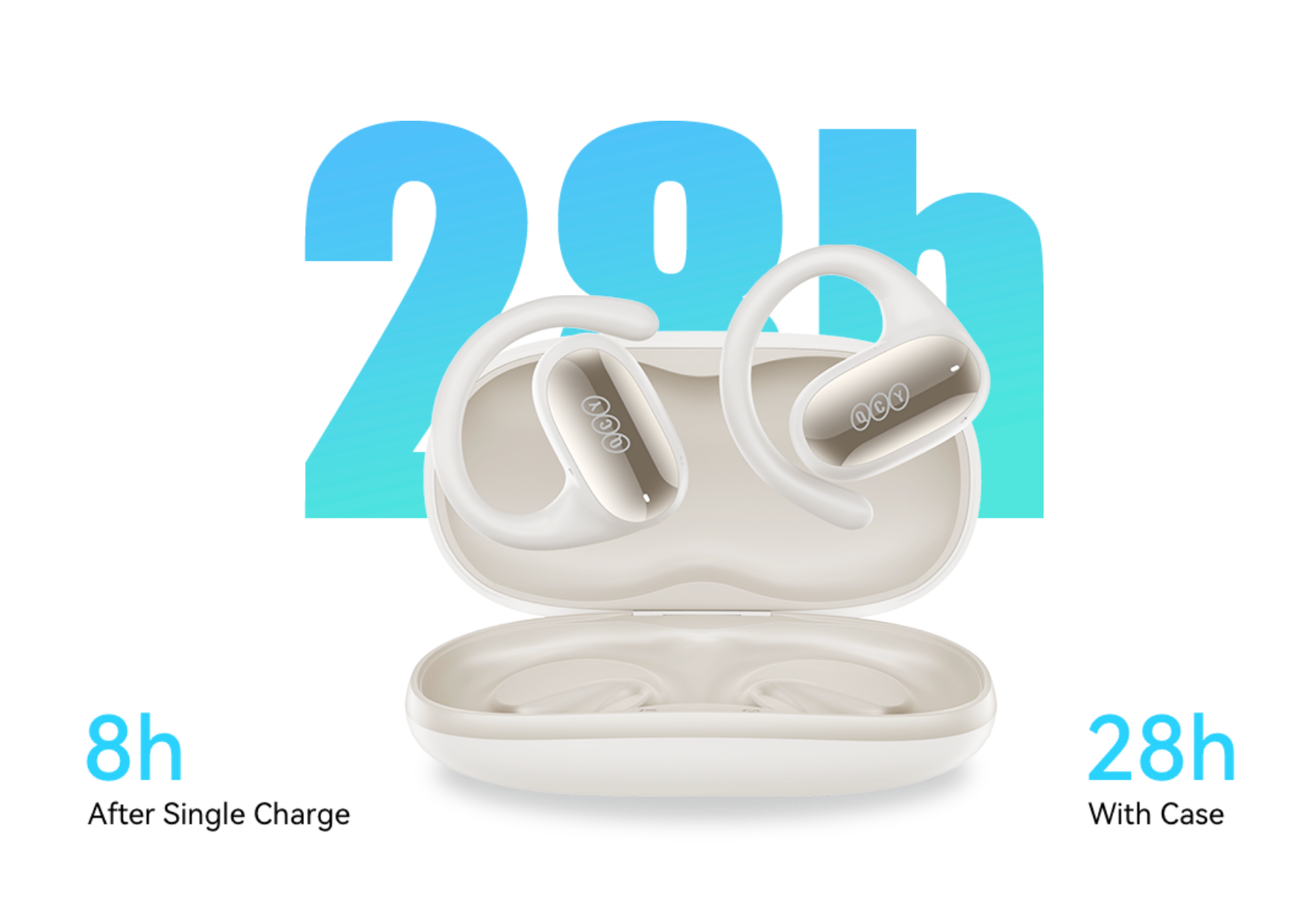 QCY HT05 Casque à oreille ouverte avec boîtier de charge : 8h d'autonomie par charge, 28h au total. Design blanc pour le sport et le quotidien.