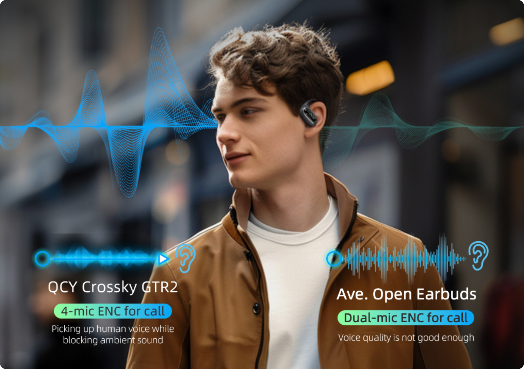 Écouteurs QCY Crossky GTR2 avec 4 micros ENC pour des appels clairs, comparés aux écouteurs ouverts moyens.