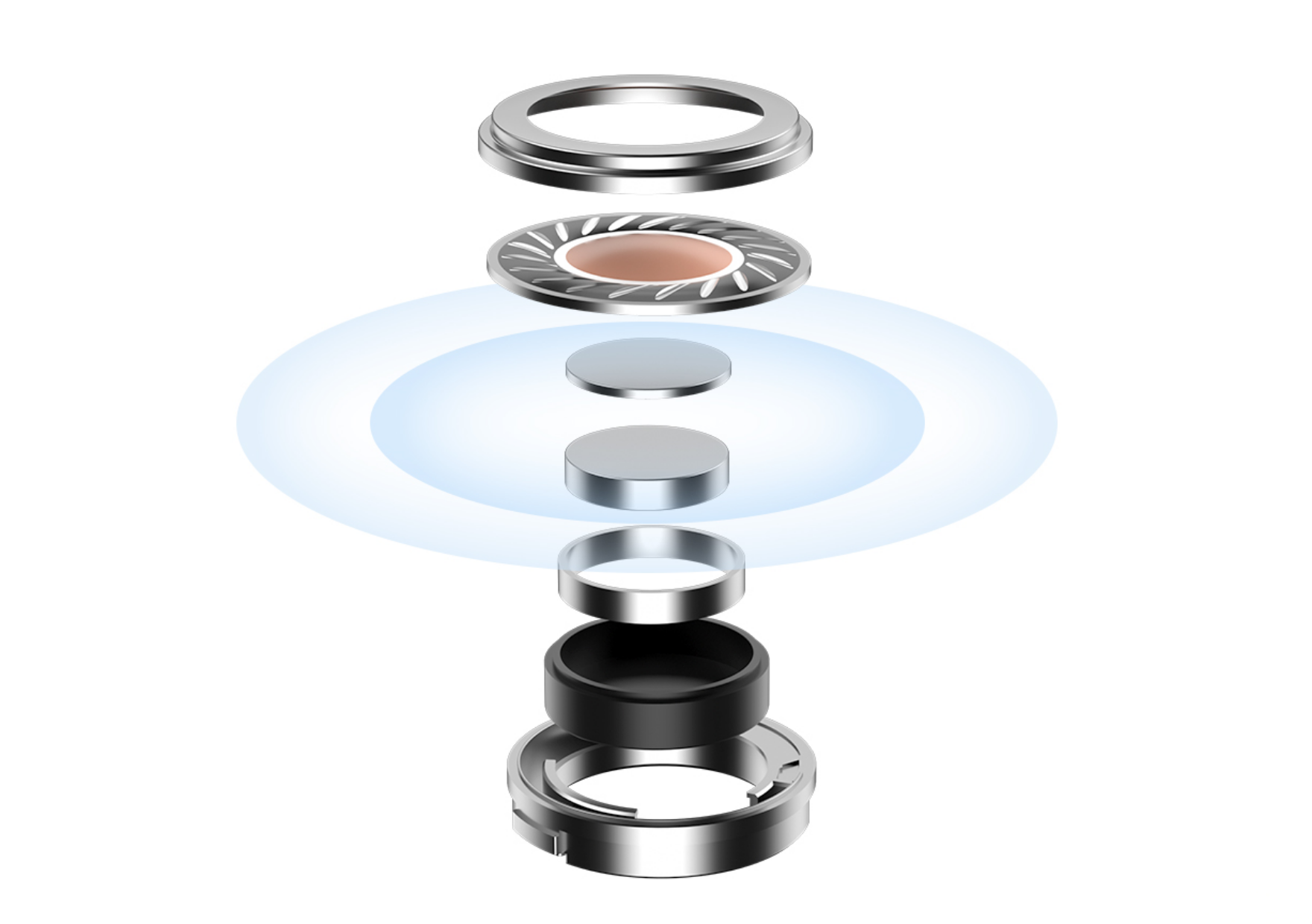 Vue éclatée d'un câble de charge magnétique avec anneaux métalliques et zone d'énergie bleue