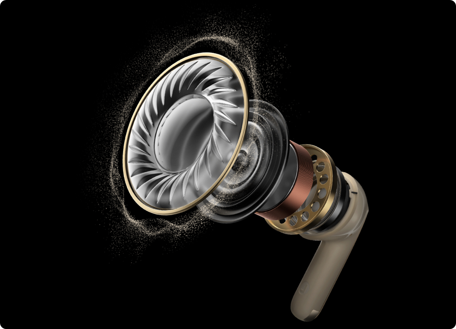 Structure interne d’un casque sans fil avec un haut-parleur doré et un design moderne.