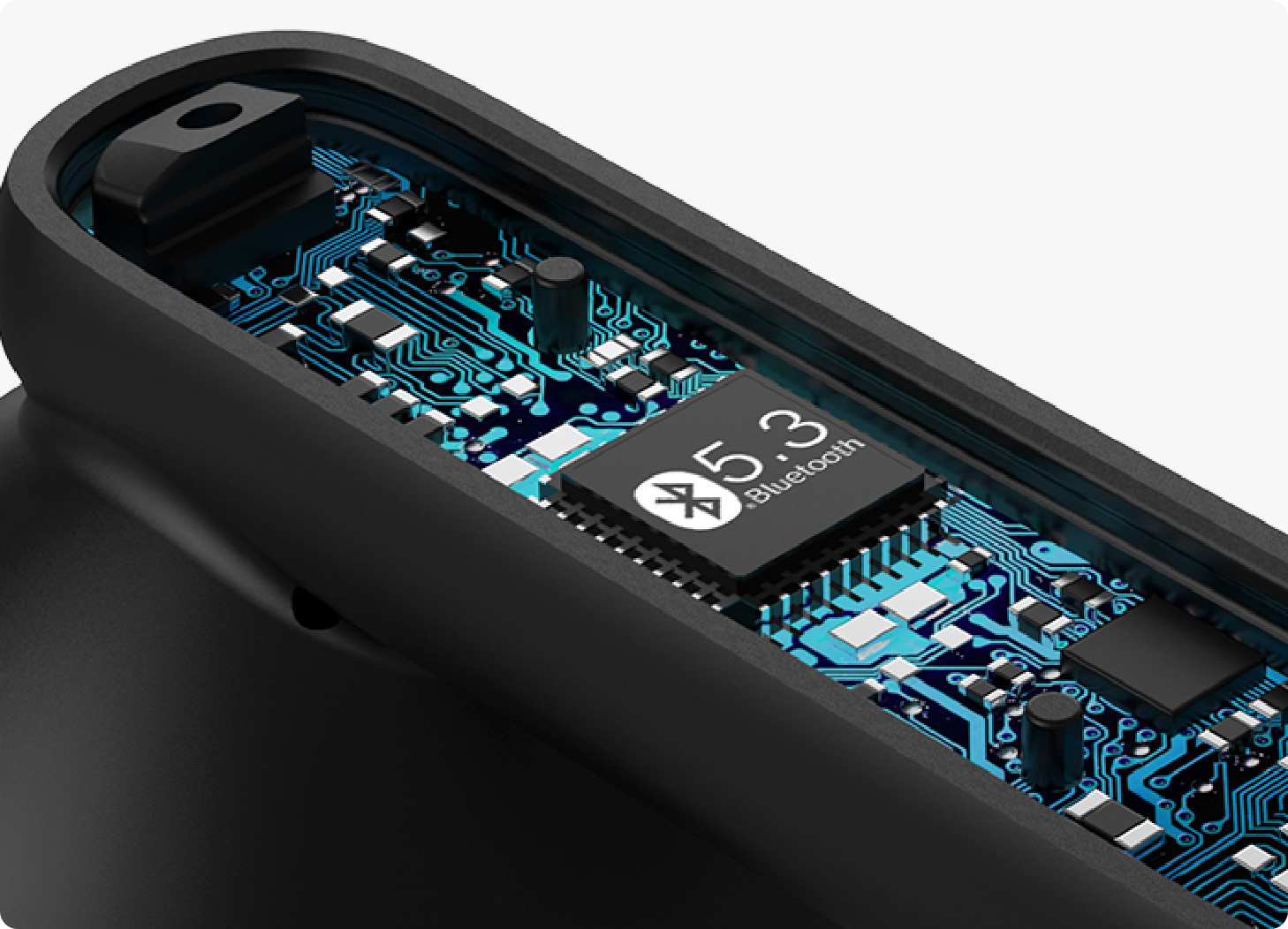 Puces Bluetooth 5.3 dans un appareil électronique avec circuit imprimé bleu
