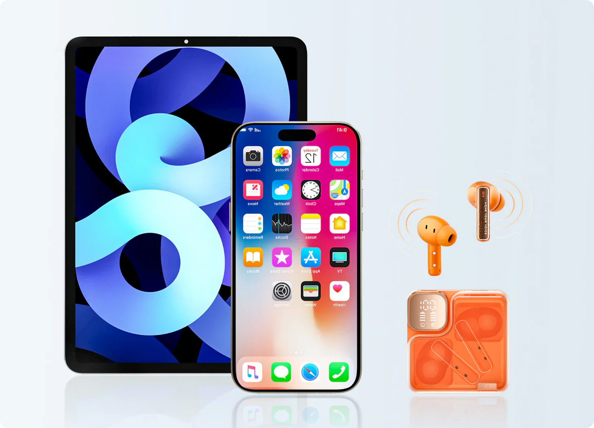 iPad, iPhone et écouteurs sans fil orange sur fond clair.