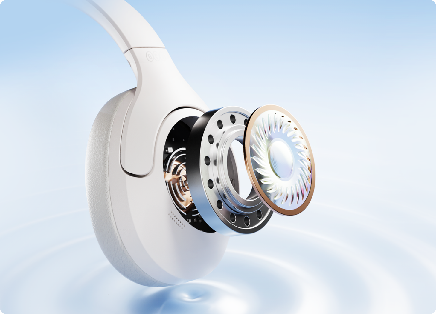 Casque blanc Over-Ear avec structure de haut-parleur exposée – son de haute qualité pour la musique et les podcasts.