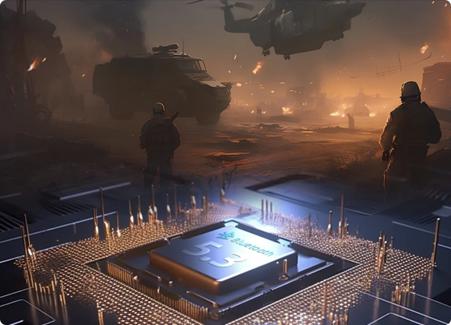 Puces Bluetooth 5.3 sur une carte de circuit futuriste avec des scènes de guerre en arrière-plan – Technologie militaire de haute technologie