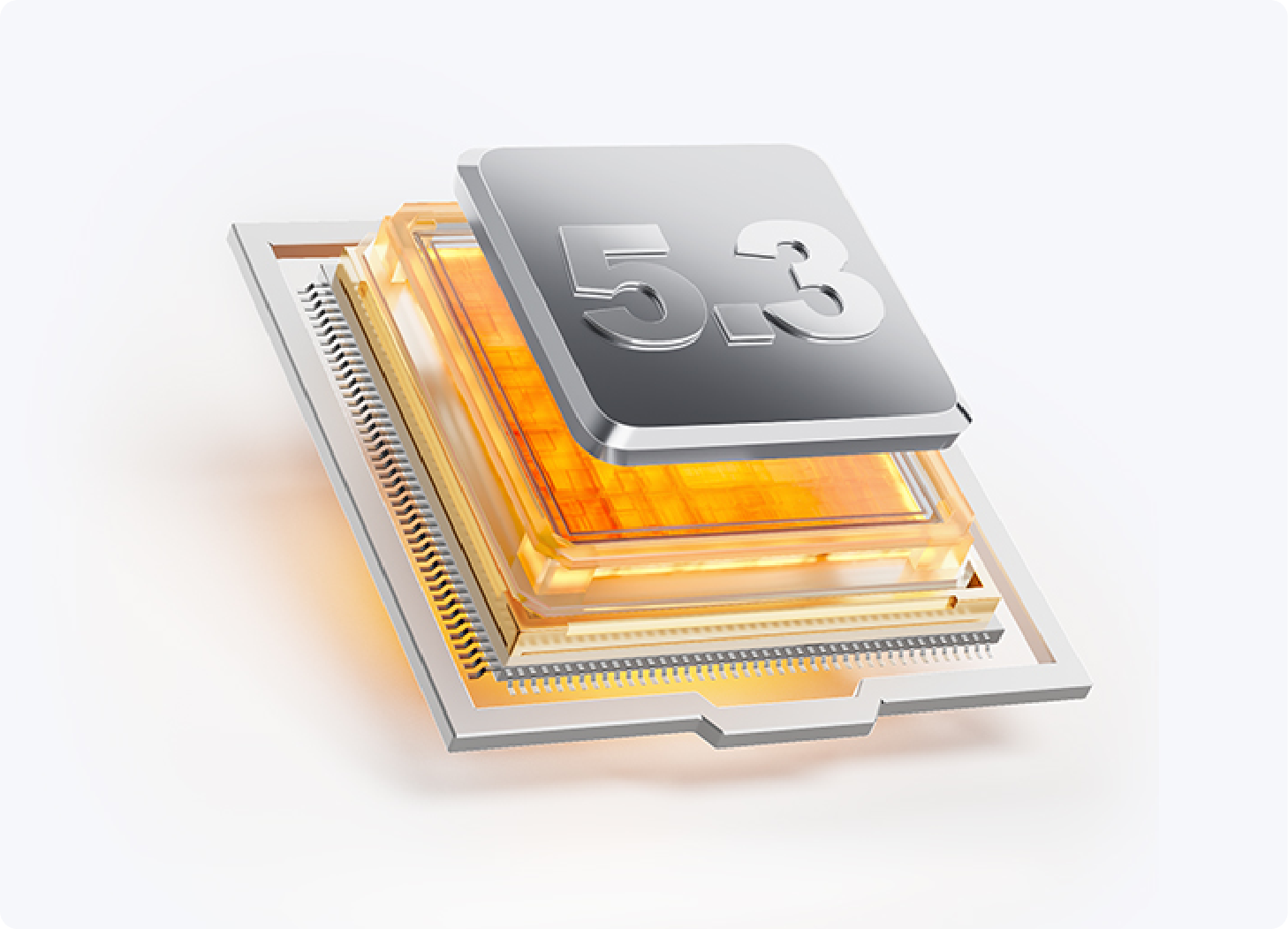 Processeur CPU 5.3 avec design transparent, architecture moderne de microprocesseur et couches dorées lumineuses sur fond blanc