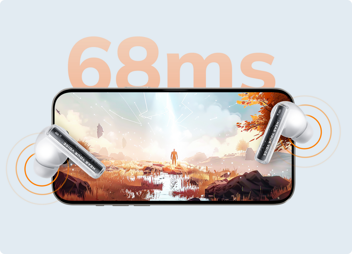 Écouteurs Bluetooth blancs devant un smartphone affichant une latence de 68 ms et un paysage d'automne à l'écran.