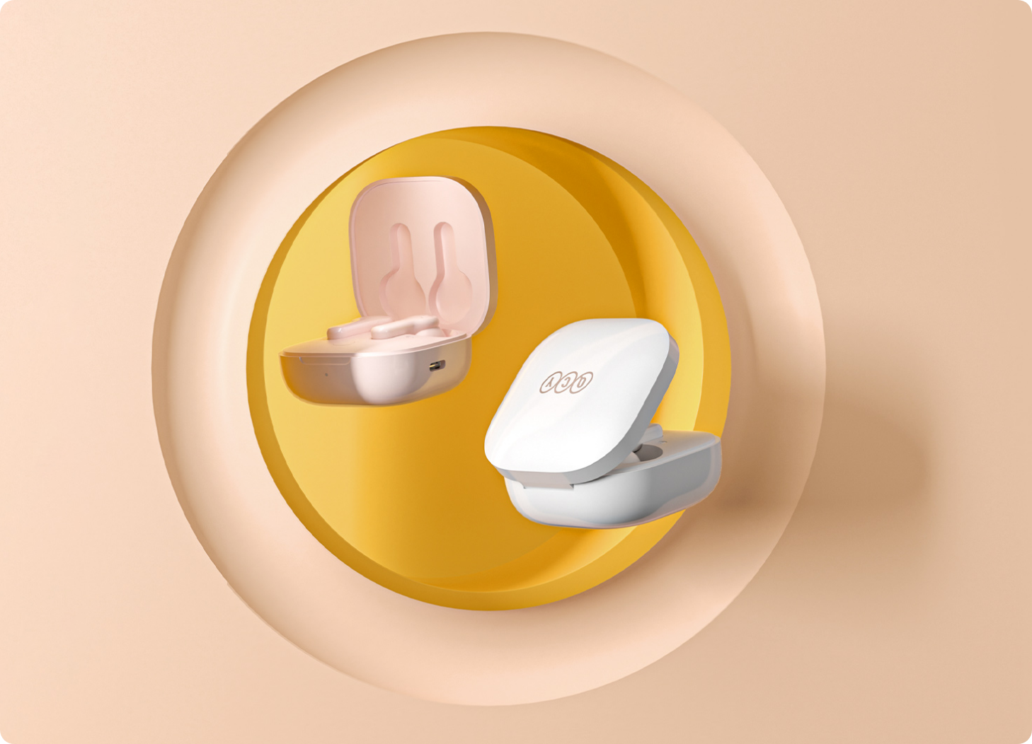 Deux écouteurs sans fil rose et blanc avec étui de chargement sur fond jaune.