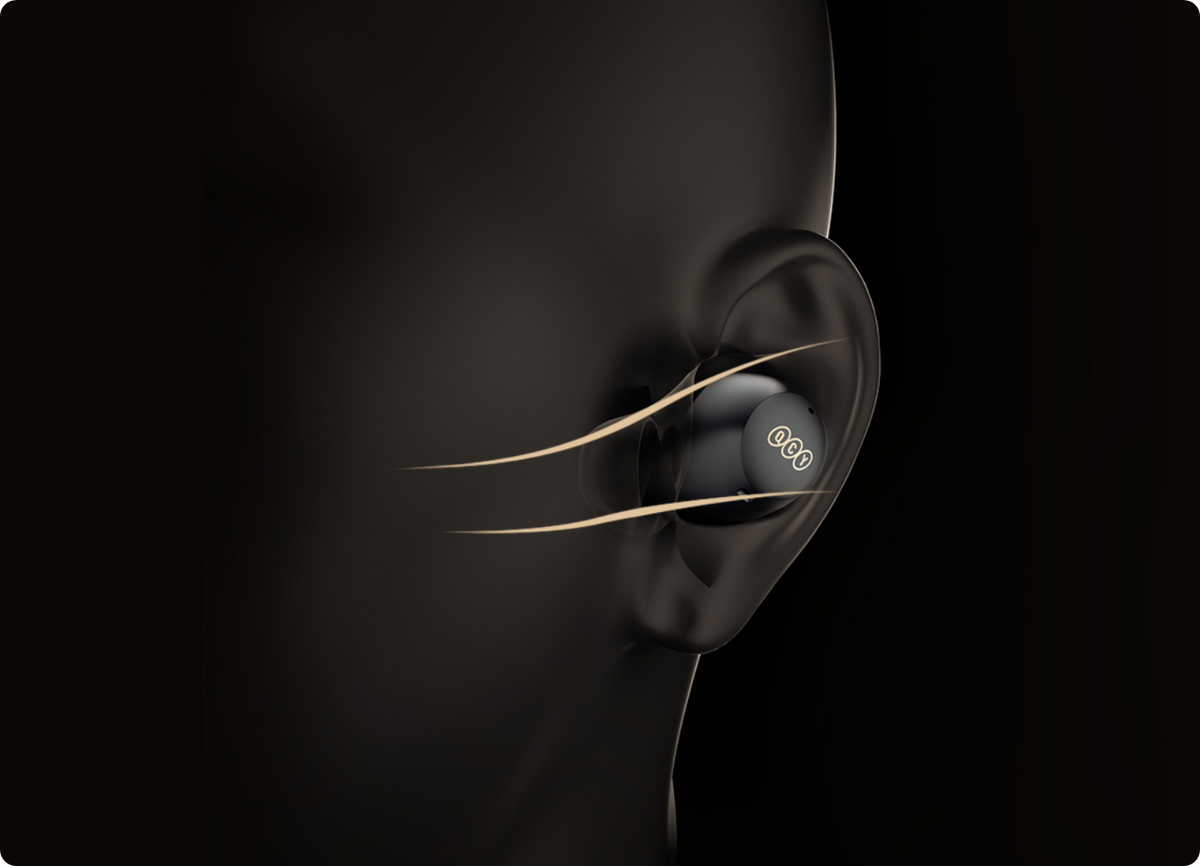 Écouteurs Bluetooth QCY noirs dans l'oreille avec représentation d'ondes sonores sur fond sombre.