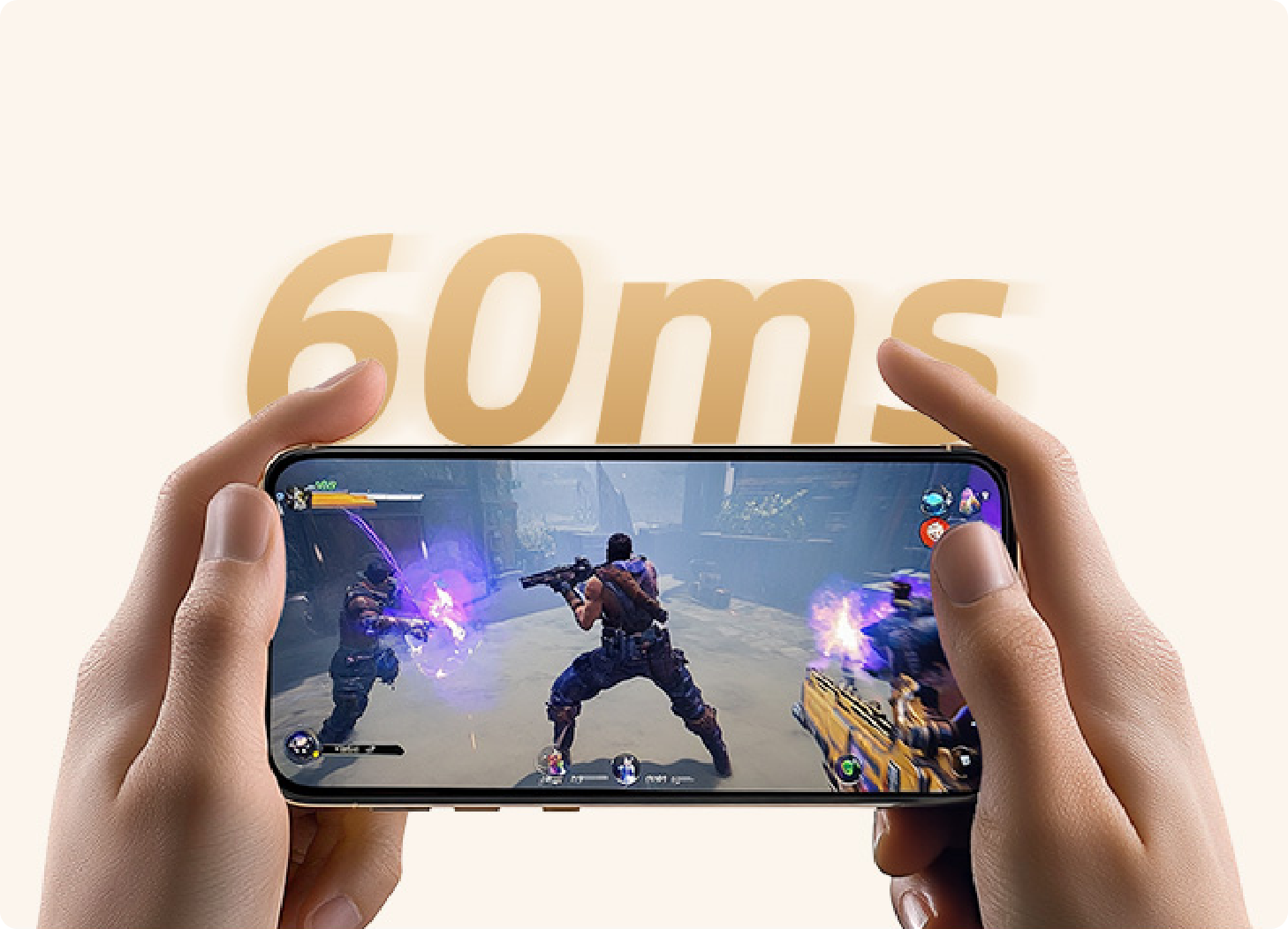 Mains tenant un smartphone lors d'une partie de jeu avec un temps de réaction de 60 ms, jeu de tir dynamique affiché à l'écran.