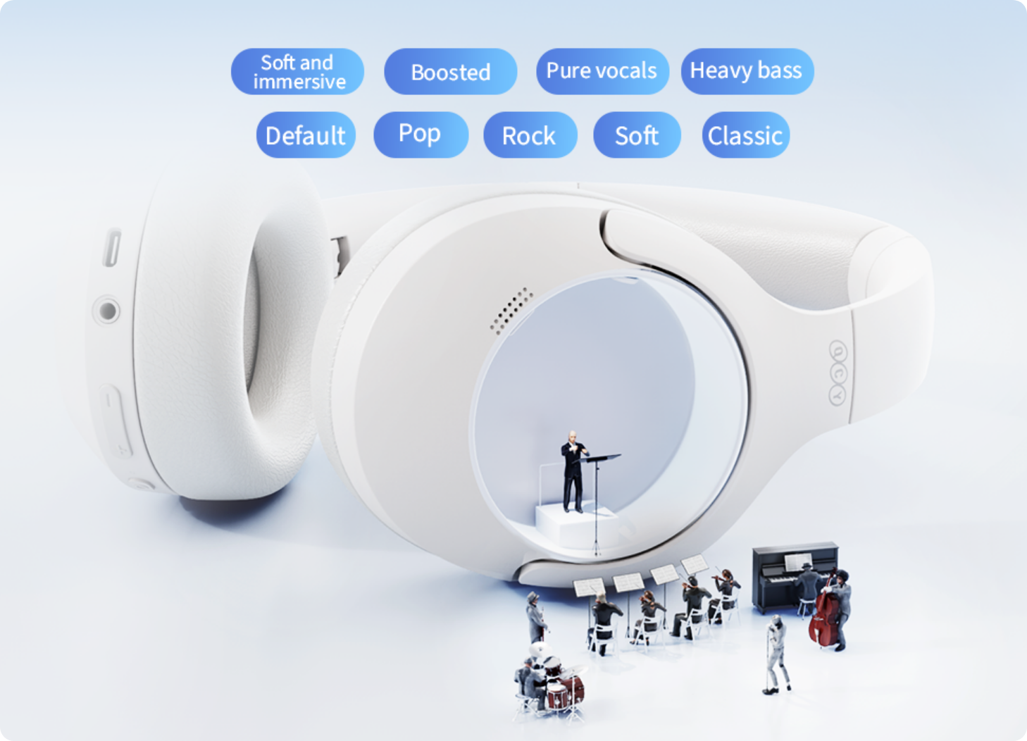 Casque blanc Over-Ear avec mini orchestre à l'intérieur des coussinets d'oreille et modes EQ tels que Pop, Rock, Classique pour un son immersif.