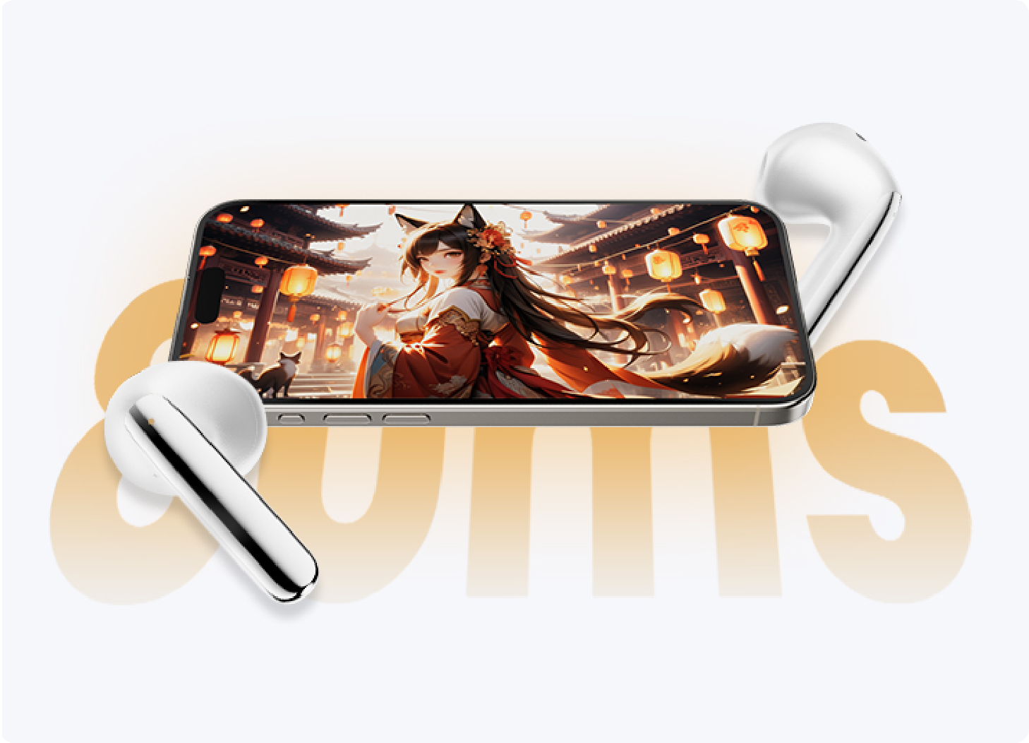 Casque sans fil blanc à côté d’un smartphone avec écran animé, idéal pour la musique et les appels – design moderne et qualité sonore claire