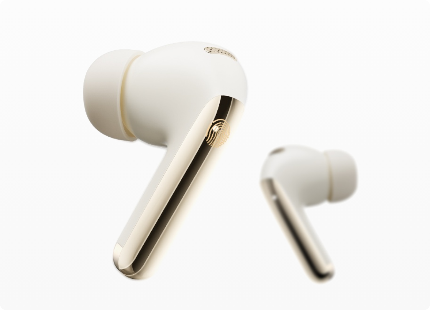 Écouteurs intra-auriculaires sans fil blancs avec ligne d'accent dorée et capteur d'empreintes digitales sur fond blanc.