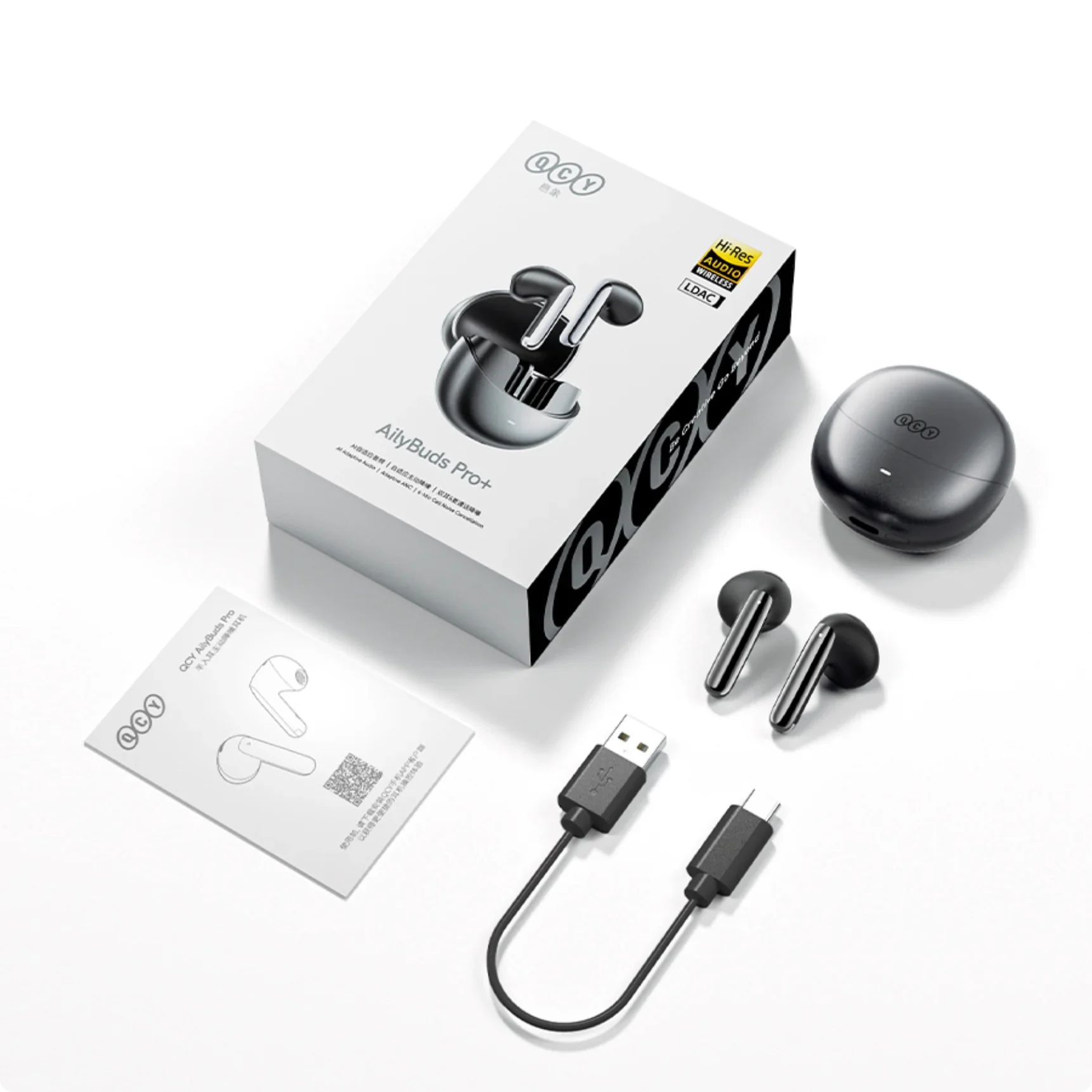 QCY AilyBuds Pro+ Écouteurs sans fil avec audio Hi-Res, LDAC et câble de charge USB-C inclus