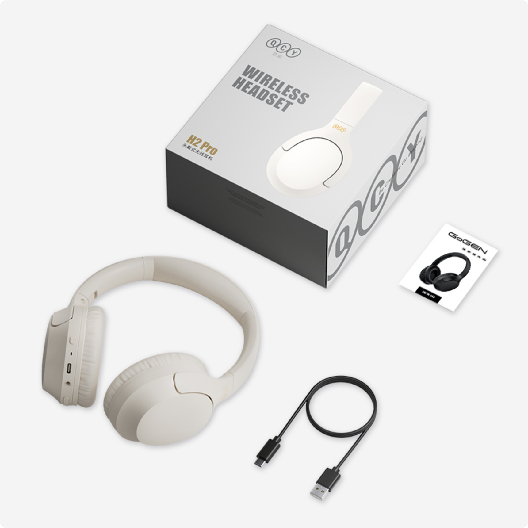 Écouteurs sans fil QCY H2 Pro – Blanc, sans fil, avec câble de chargement USB et mode d'emploi.