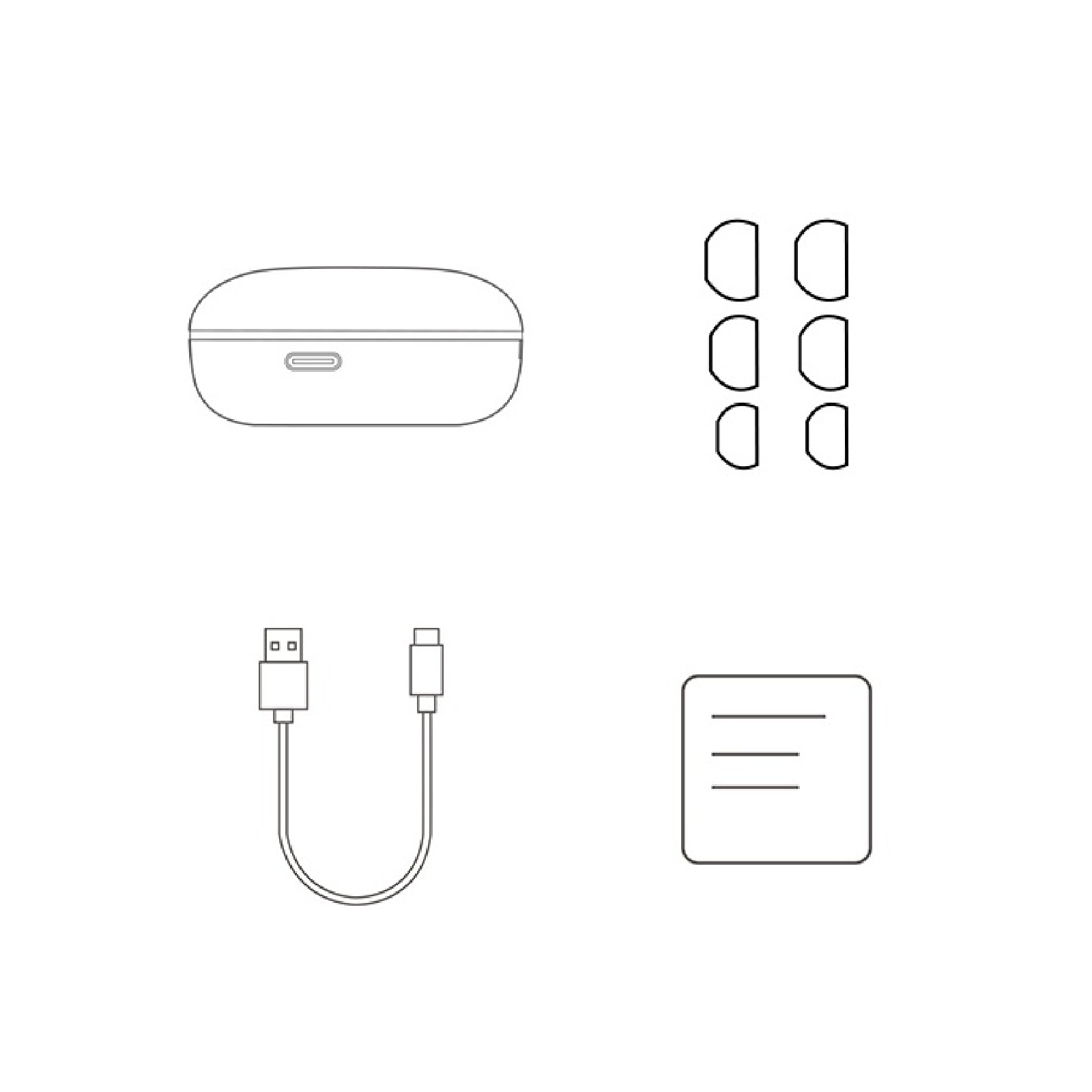 Pièces détachées pour écouteurs sans fil : étui, écouteurs, câble USB et mode d'emploi.