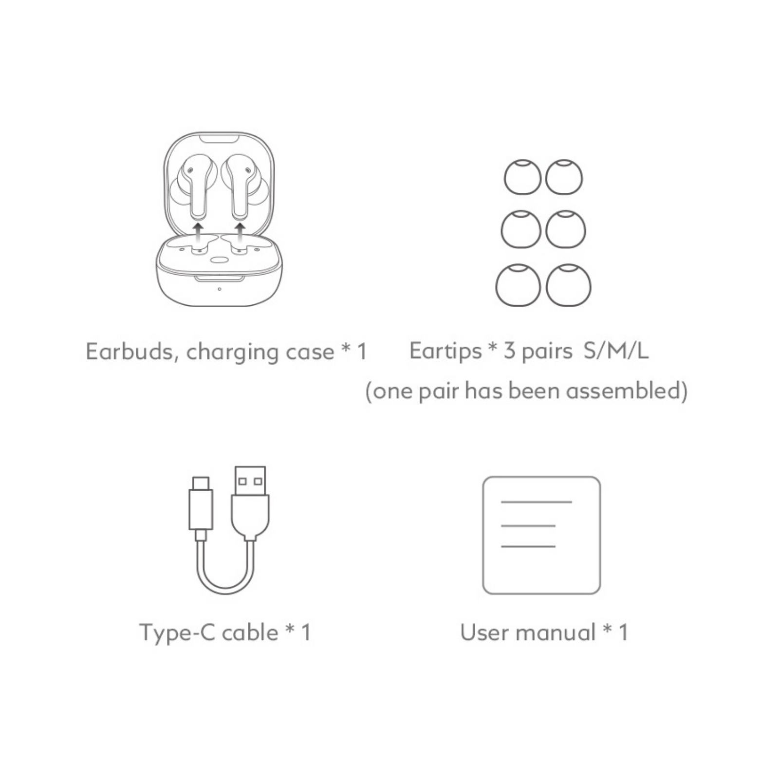 Contenu de l'emballage : écouteurs sans fil avec boîtier de chargement, 3 paires d'embouts en silicone (S/M/L), câble USB-C et mode d'emploi.