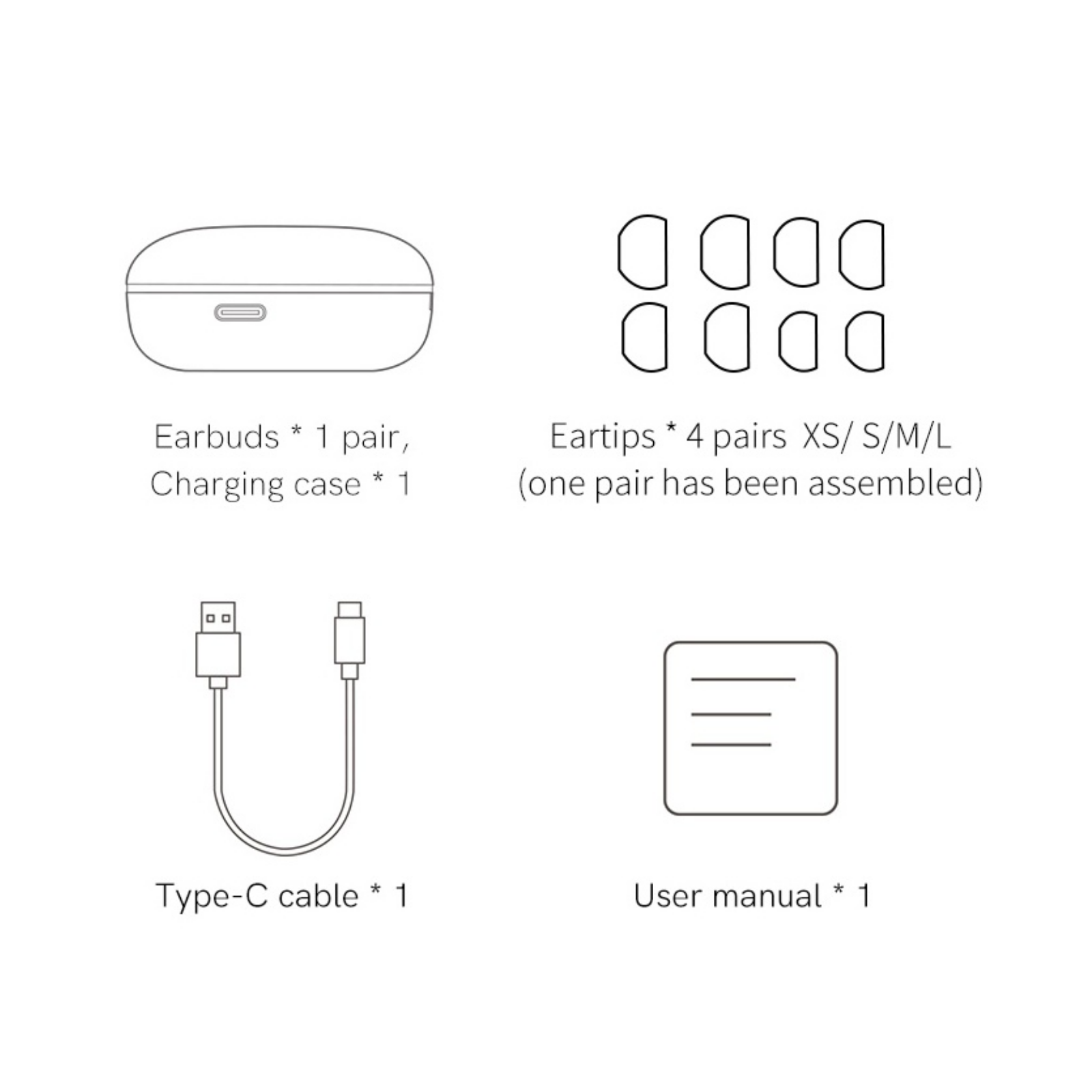 Écouteurs intra-auriculaires avec étui de chargement, 4 tailles d'embouts, câble de chargement USB-C et mode d'emploi.