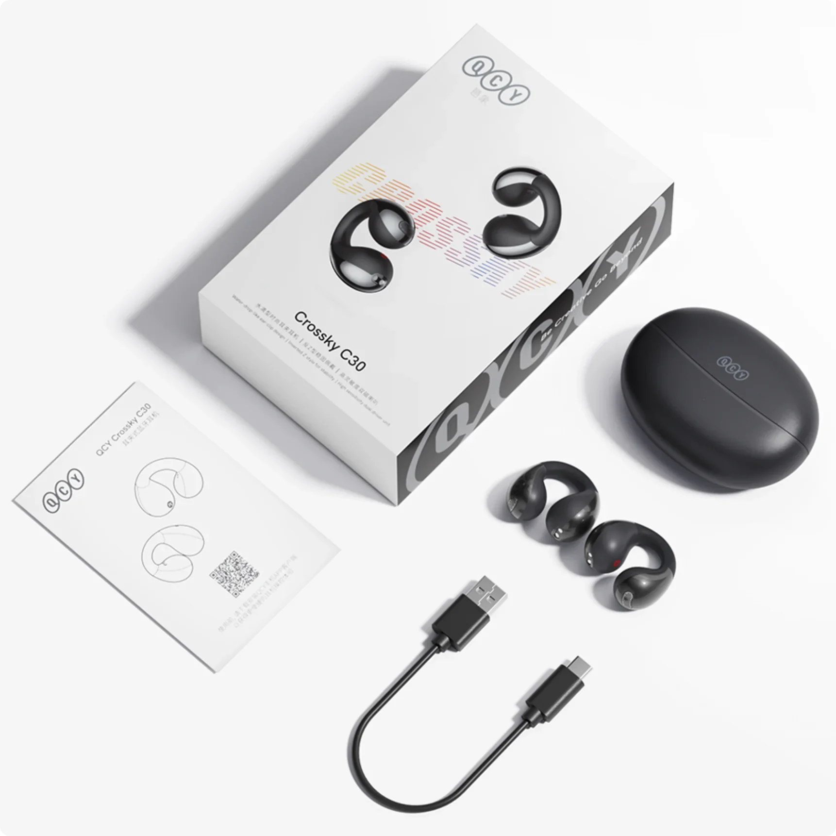 Casque à conduction osseuse QCY Crossky C30 avec étui de chargement, câble USB et manuel – noir, design ouvert pour le sport et le quotidien