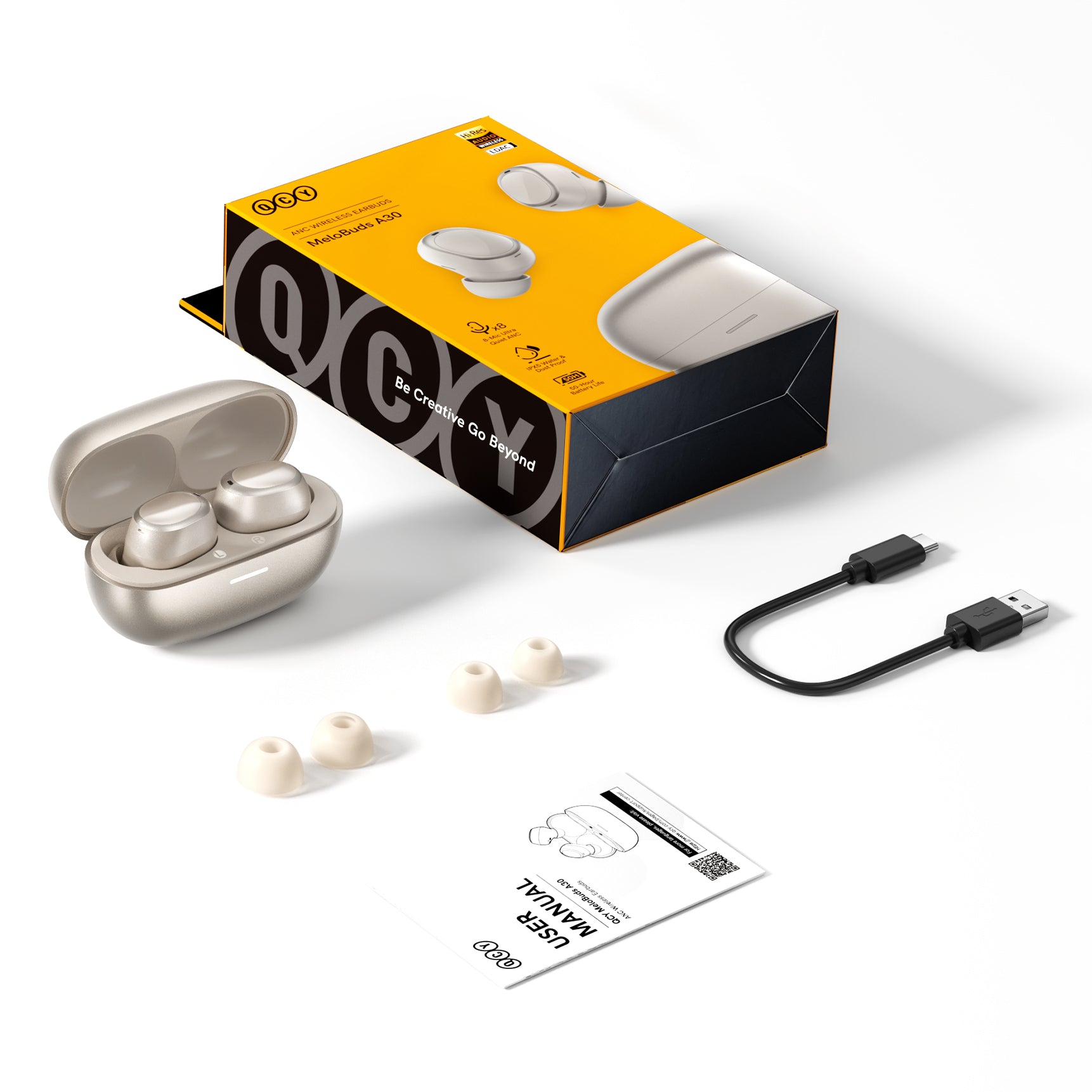 Écouteurs sans fil QCY Melobuds A30 avec boîtier de chargement, câble USB-C et embouts de rechange.