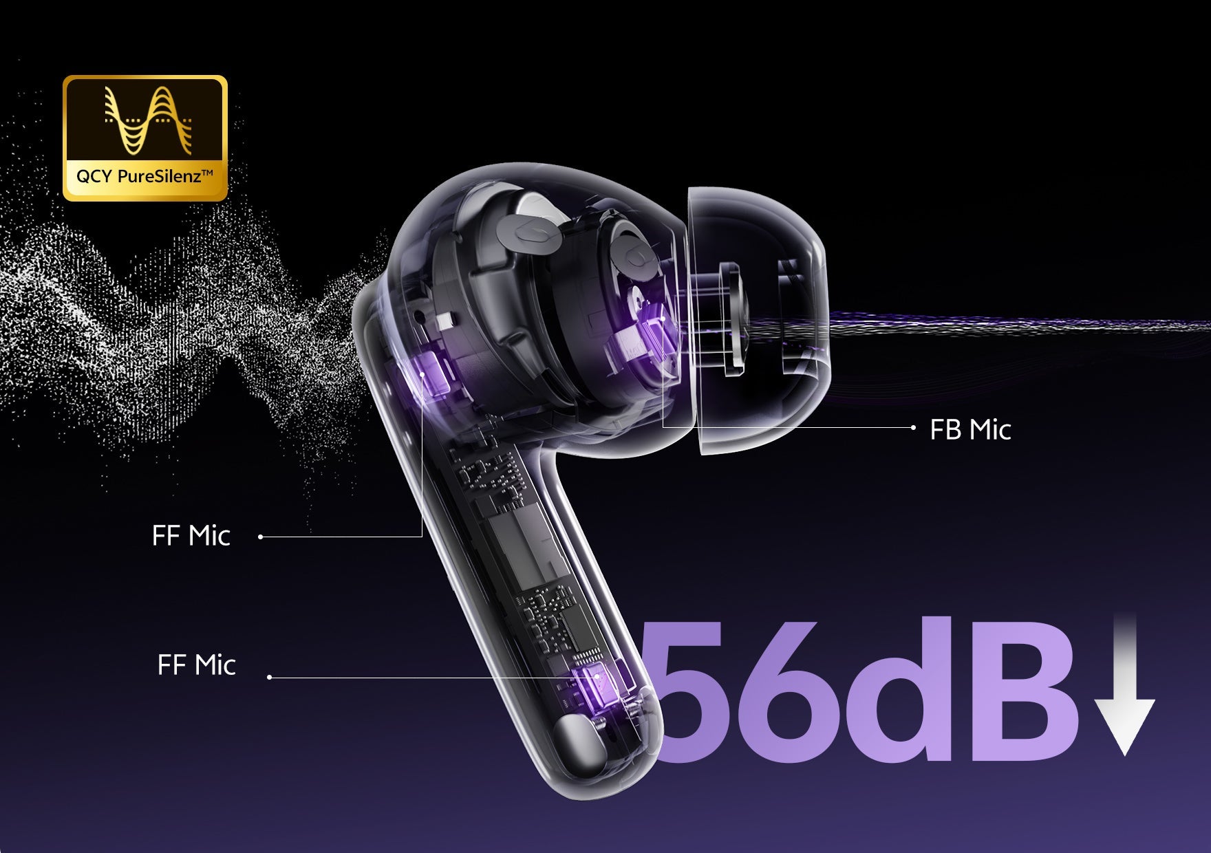 Écouteurs True Wireless QCY avec technologie PureSilenz™ et réduction de bruit de 56 dB. Design transparent montrant les composants internes Mi