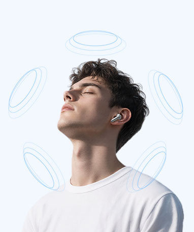 Jeune homme avec des écouteurs sans fil, expression détendue, ondes sonores bleues entourant la tête.