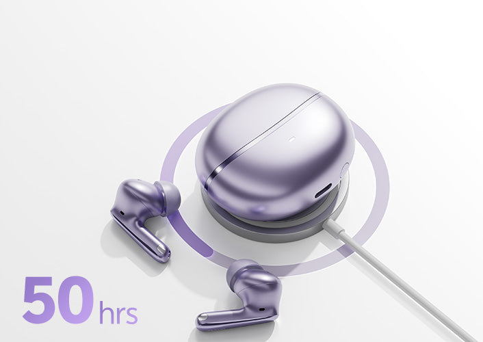 Écouteurs Bluetooth violets avec boîtier de chargement, autonomie de 50 heures.