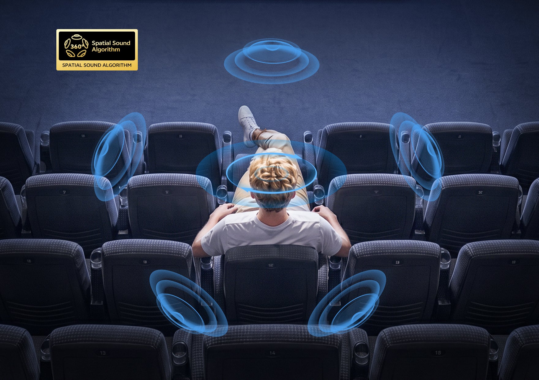 Homme au cinéma avec technologie de son surround 360°.