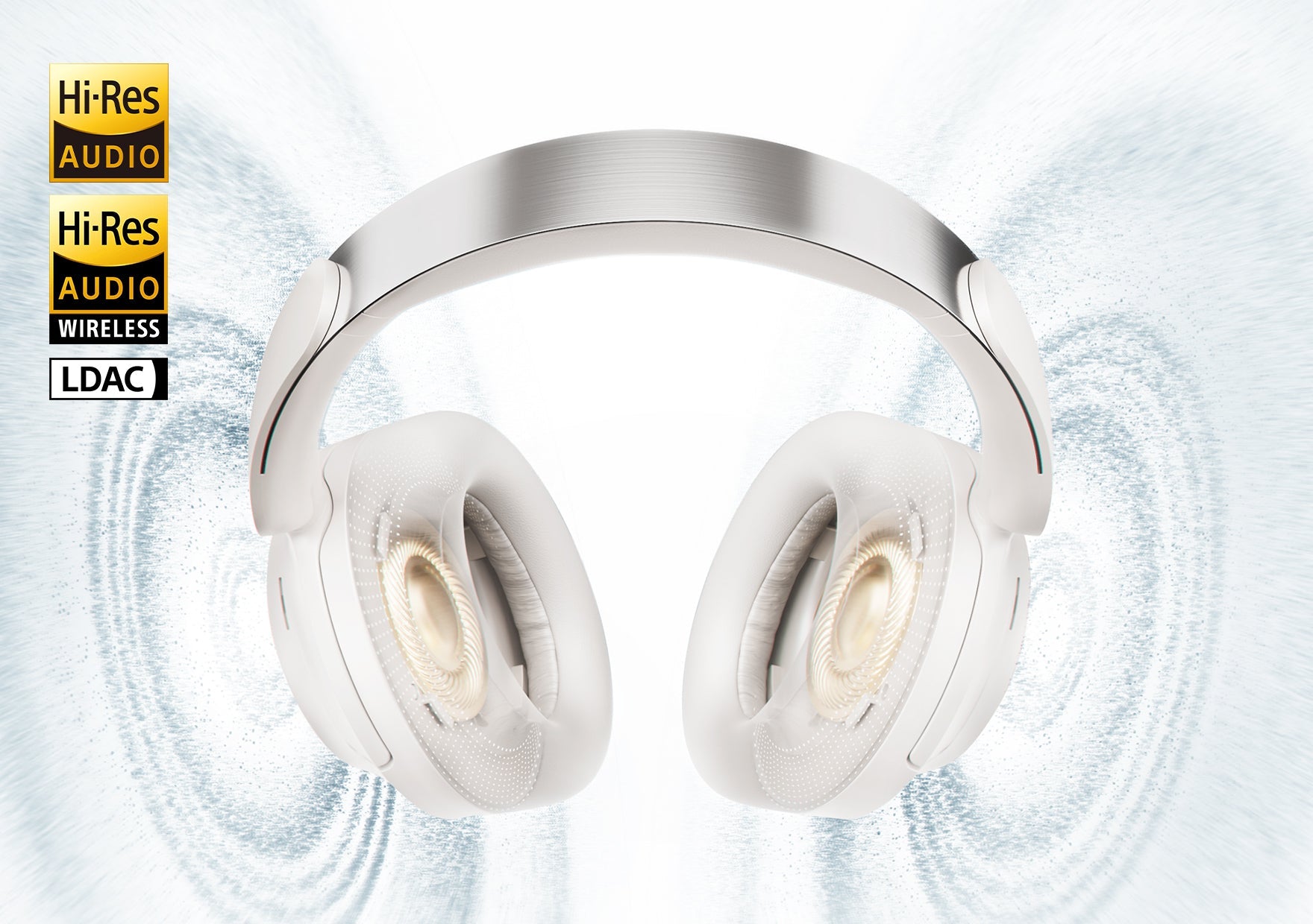 Casque sans fil Hi-Res blanc avec LDAC, qualité sonore supérieure.