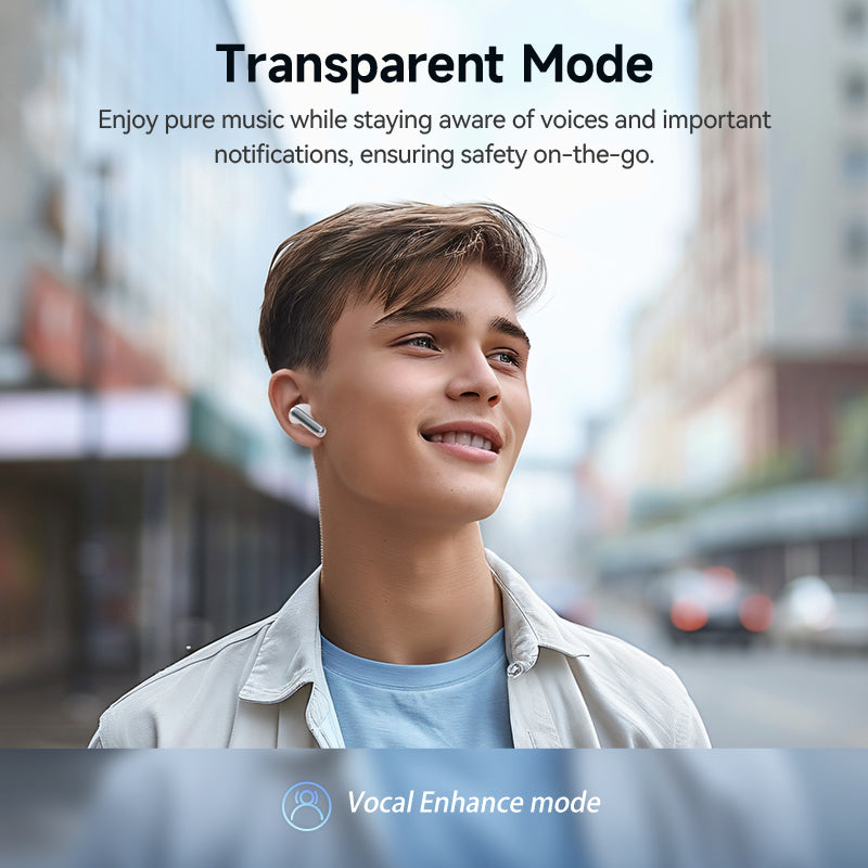 White QCY Melobuds N50 earbud worn by model, showcasing transparent mode for enjoying music while aware of surroundings