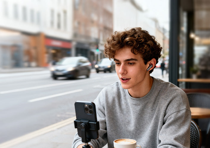 Jeune homme avec des écouteurs filme une vidéo devant un café avec son smartphone