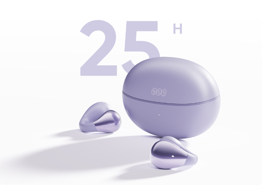 Écouteurs QCY Melobuds ANC : autonomie de 25h, design violet avec étui de chargement.