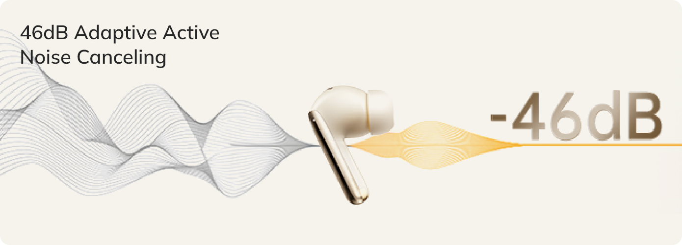 Écouteurs dorés avec réduction de bruit active adaptative de 46 dB.