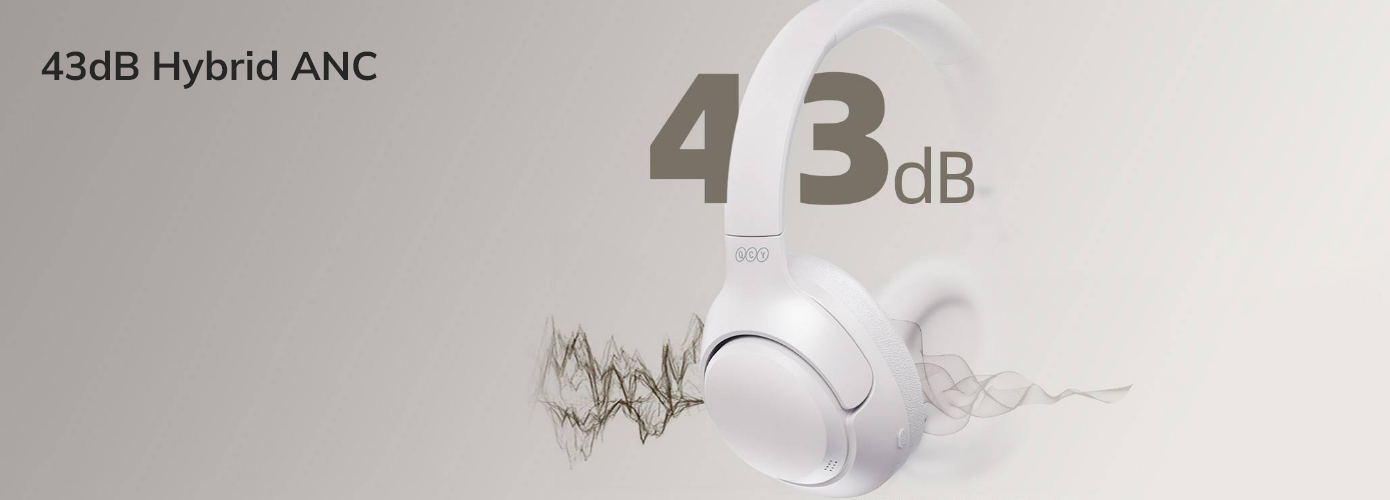 Casque blanc Over-Ear avec ANC hybride 43 dB – Réduction de bruit visualisée par des formes d’onde.