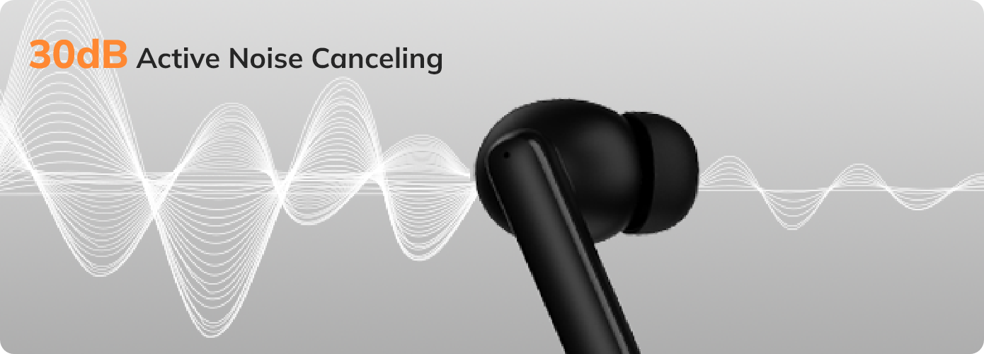 Écouteurs intra-auriculaires noirs avec réduction active du bruit de 30 dB sur fond de vagues sonores.